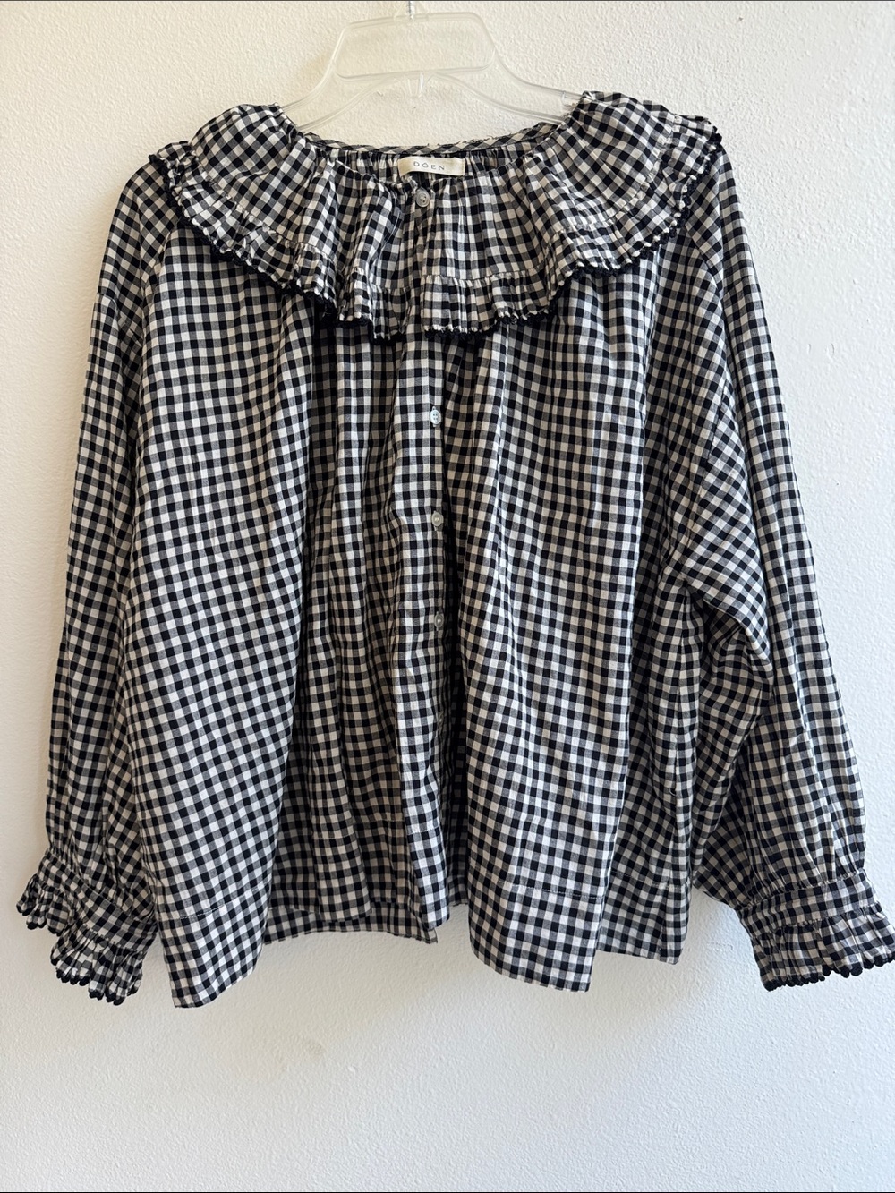 Rare DÔEN Seychelles Gingham Ruffle Organic Cotton Long Sleeve Blouse Size M - Picture 4 of 8